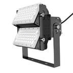 Dual-panel LED flood light with white light arrays mounted on black adjustable bracket with control panel and power cable.