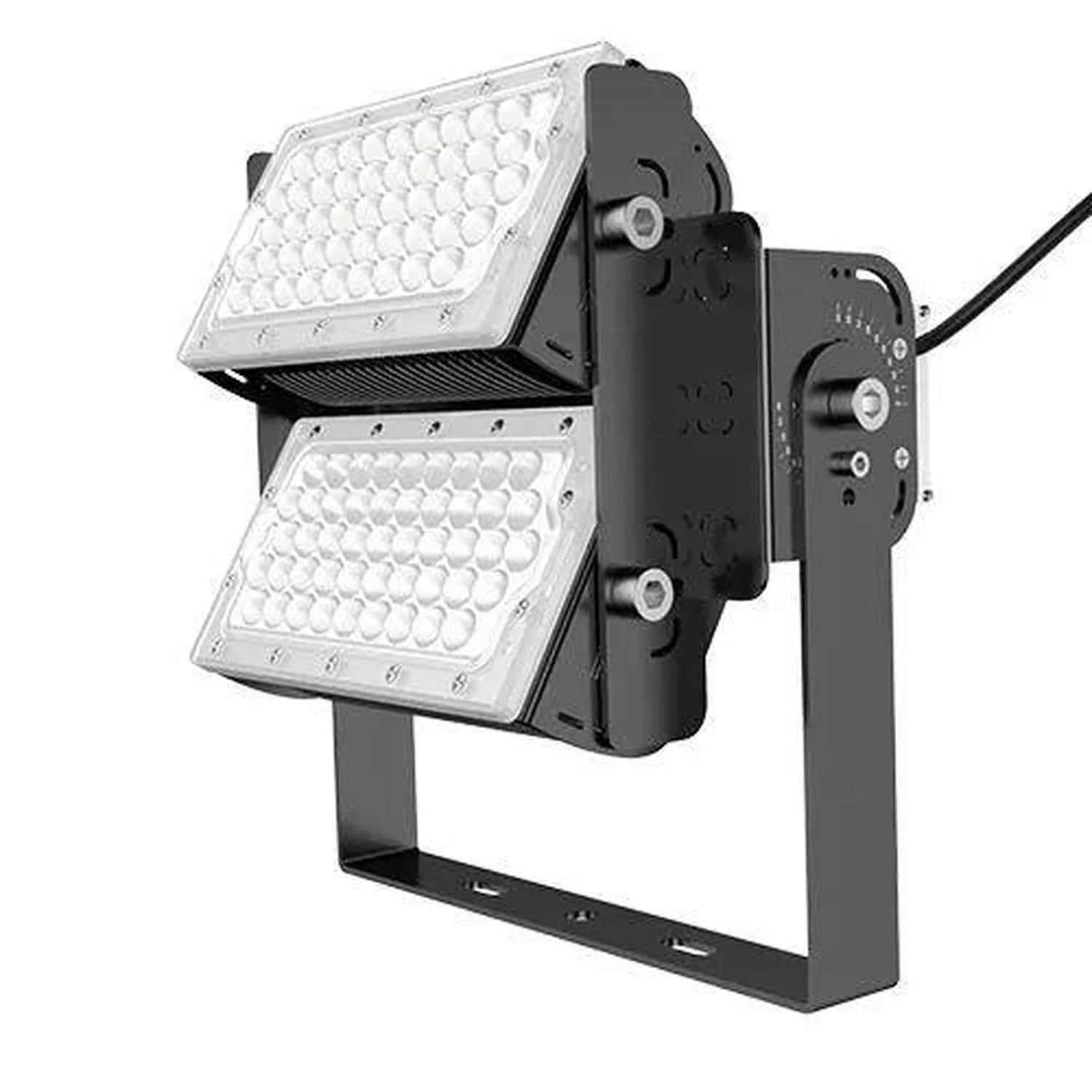 Dual-panel LED flood light with white light arrays mounted on black adjustable bracket with control panel and power cable.