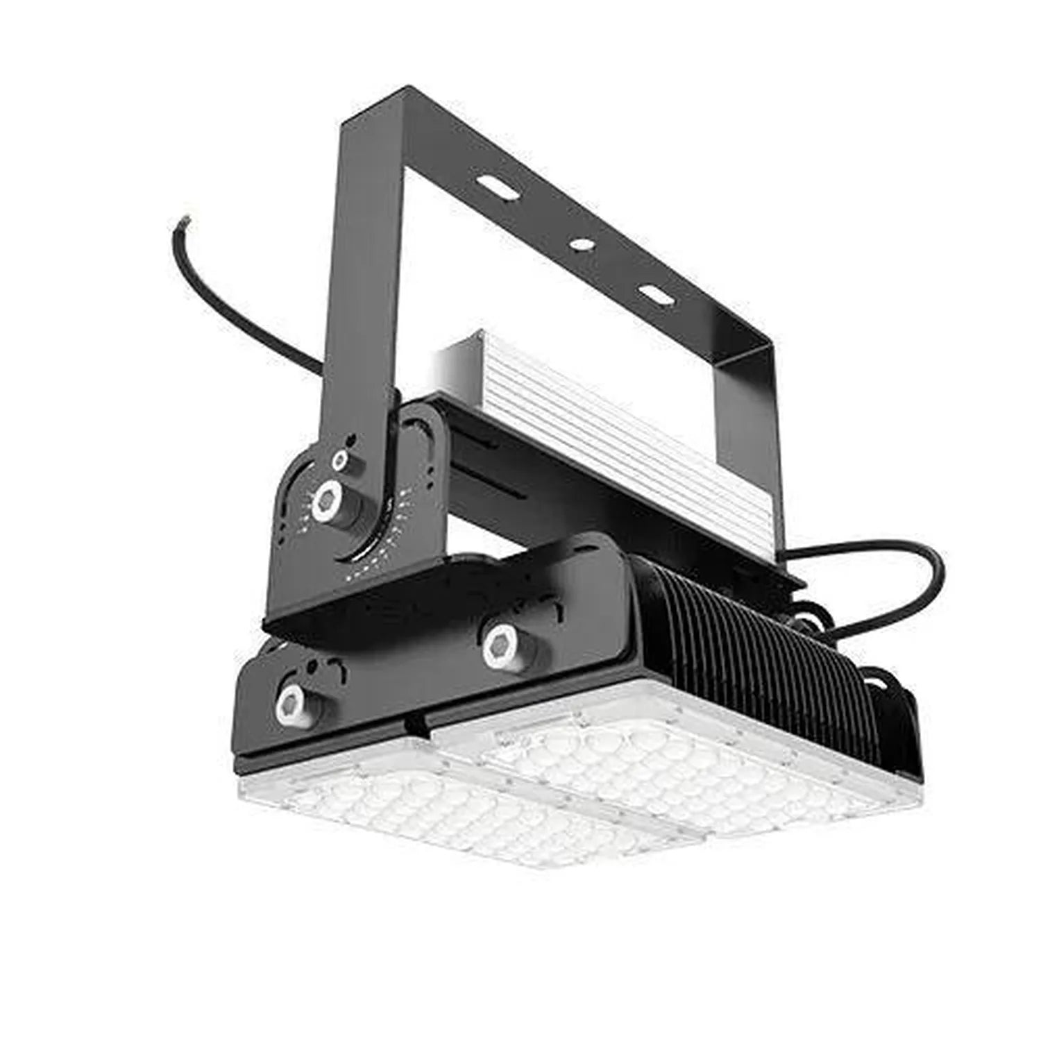 Industrial LED flood light with black housing, aluminum reflector panel, mounting bracket, and power cord against white backg
