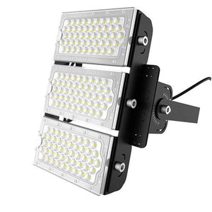 Three-panel stacked LED flood light with white lens covers and black mounting bracket against white background.