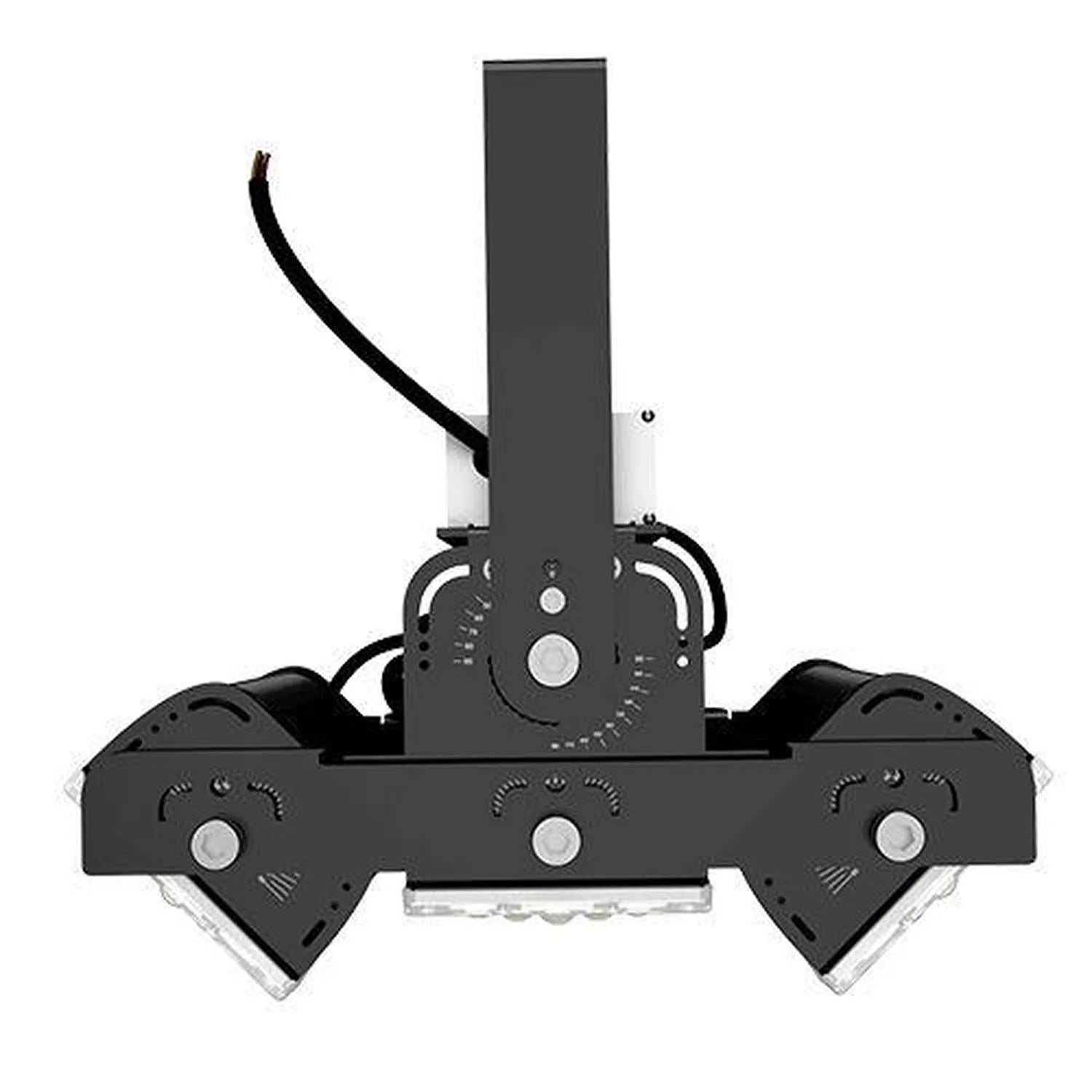Top-down view of 240W LED flood light with central vertical mounting pole, symmetrical wing-shaped base with three control kn