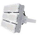 High-power LED flood light with six modular rectangular panels mounted on adjustable bracket, front product view.