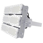 High-power LED flood light with six modular rectangular panels mounted on adjustable bracket, front product view.