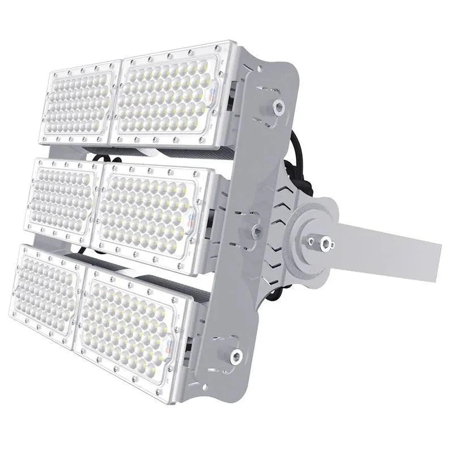 High-power LED flood light with six modular rectangular panels mounted on adjustable bracket, front product view.
