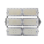 Modular LED flood light fixture with six rectangular panels arranged in three rows, showing white and yellow LED chips mounte