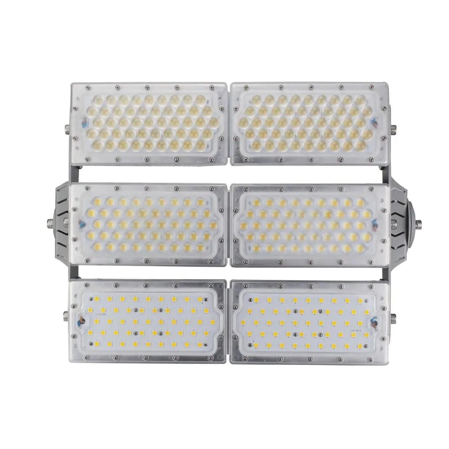 Modular LED flood light fixture with six rectangular panels arranged in three rows, showing white and yellow LED chips mounte