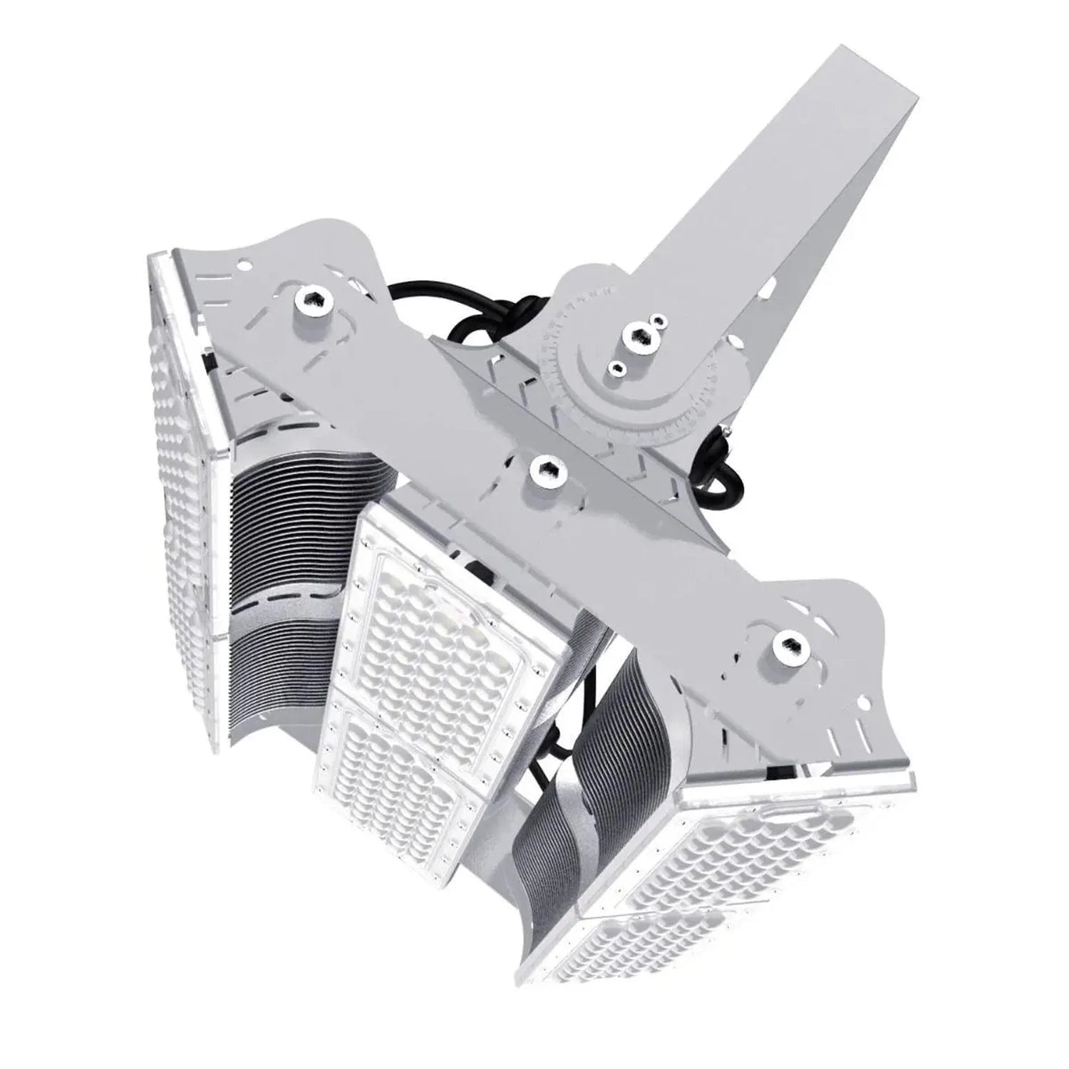 600W LED flood light fixture with adjustable mounting bracket and dual light heads angled outward, front view product photo.