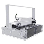 600W LED flood light fixture with white frame and ribbed aluminum heat sink, showing internal components and power cables