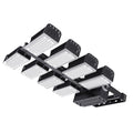 Multi-head modular LED flood light with six adjustable rectangular panels mounted on black frame, angled view on white backgr