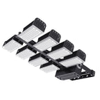 Multi-head modular LED flood light with six adjustable rectangular panels mounted on black frame, angled view on white backgr
