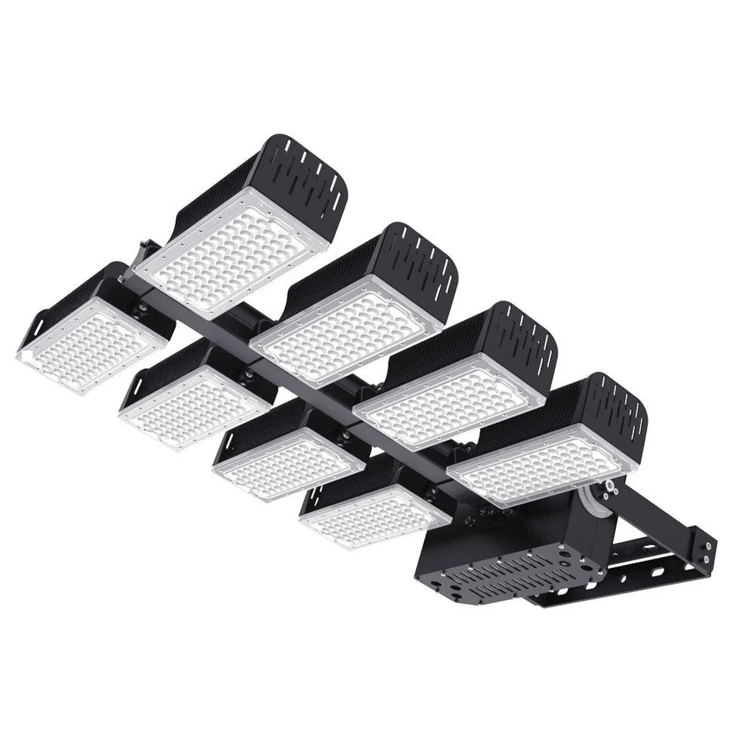 Multi-head modular LED flood light with six adjustable rectangular panels mounted on black frame, angled view on white backgr