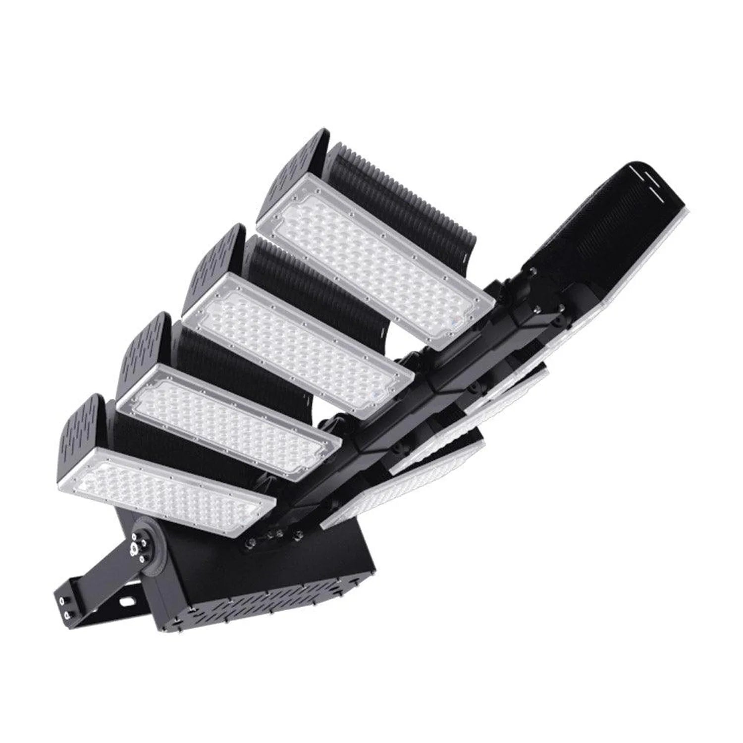 Black adjustable LED flood light with five tilting panels and heatsink fins, shown at an angle against a white background.