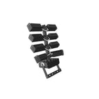 Black LED flood light fixture with multiple adjustable heads mounted on central vertical pole with base stand.