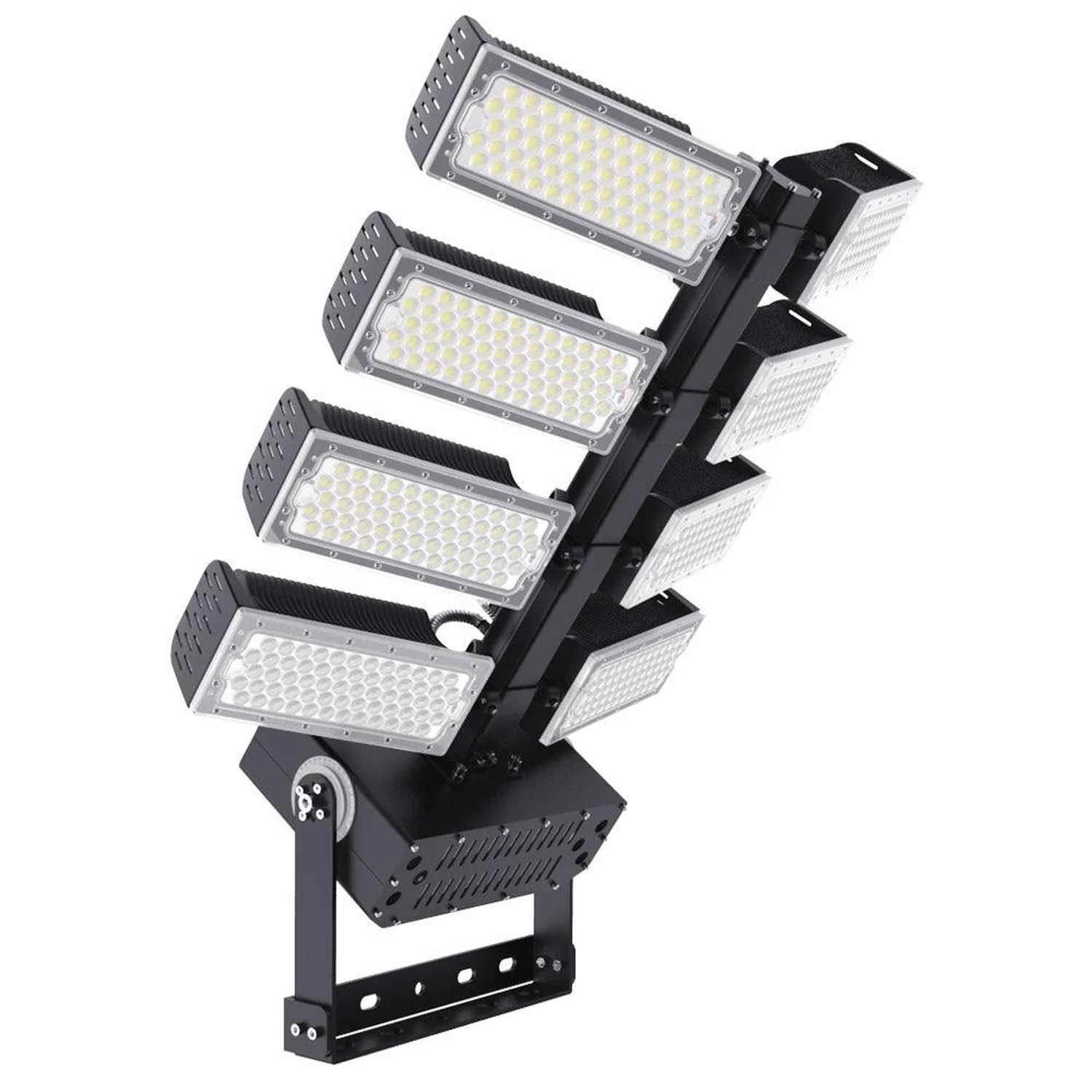 Four-head adjustable LED flood light with white and gray rectangular panels mounted on black articulating arm against white b