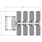 Top-down technical dimension diagram of 960W LED flood light showing control unit on left and eight rectangular light modules