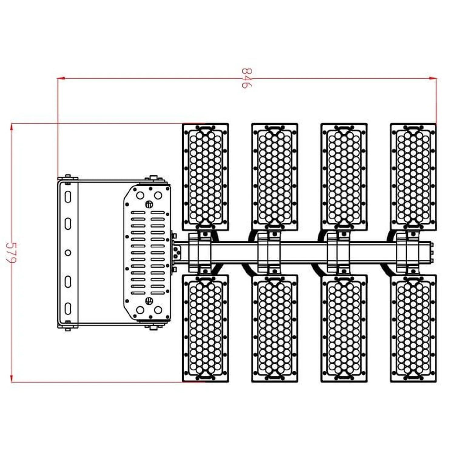 Top-down technical dimension diagram of 960W LED flood light showing control unit on left and eight rectangular light modules