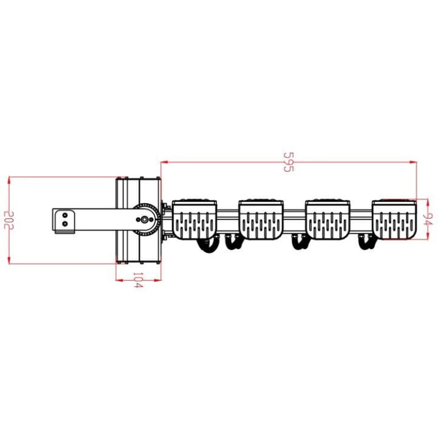 Dimension diagram of LED flood light fixture showing top view with measurements: 202mm height, 595mm width, 944mm depth, and 