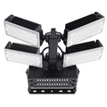 Four-panel LED flood light fixture with adjustable arms and black mounting bracket, front view product shot.