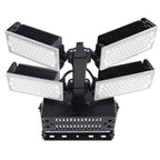 Four-panel LED flood light fixture with adjustable arms and black mounting bracket, front view product shot.