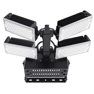 Four-panel LED flood light fixture with adjustable arms and black mounting bracket, front view product shot.