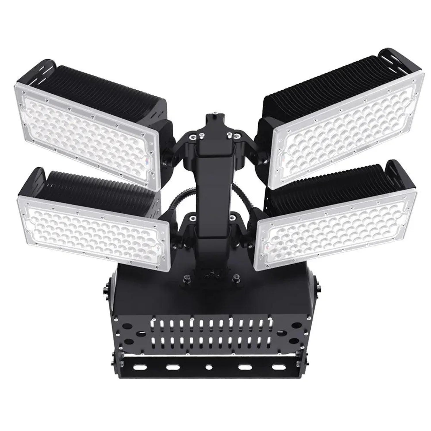 Four-panel LED flood light fixture with adjustable arms and black mounting bracket, front view product shot.