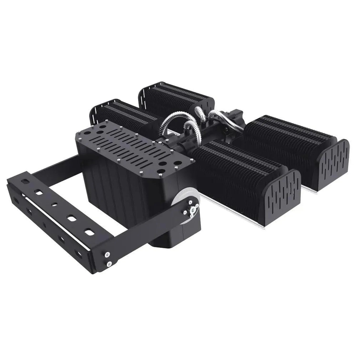 Black modular LED flood light assembly with cylindrical heat sink modules, mounting bracket, and cable connectors on white ba