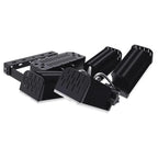 Disassembled 480W LED flood light showing black metal housing, cooling fins, mounting bracket, and internal components on whi
