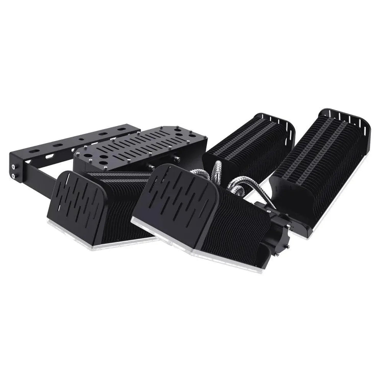 Disassembled 480W LED flood light showing black metal housing, cooling fins, mounting bracket, and internal components on whi