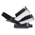 High-powered LED flood light with three adjustable panel heads and ribbed heat sinks, mounted on black base bracket, product 