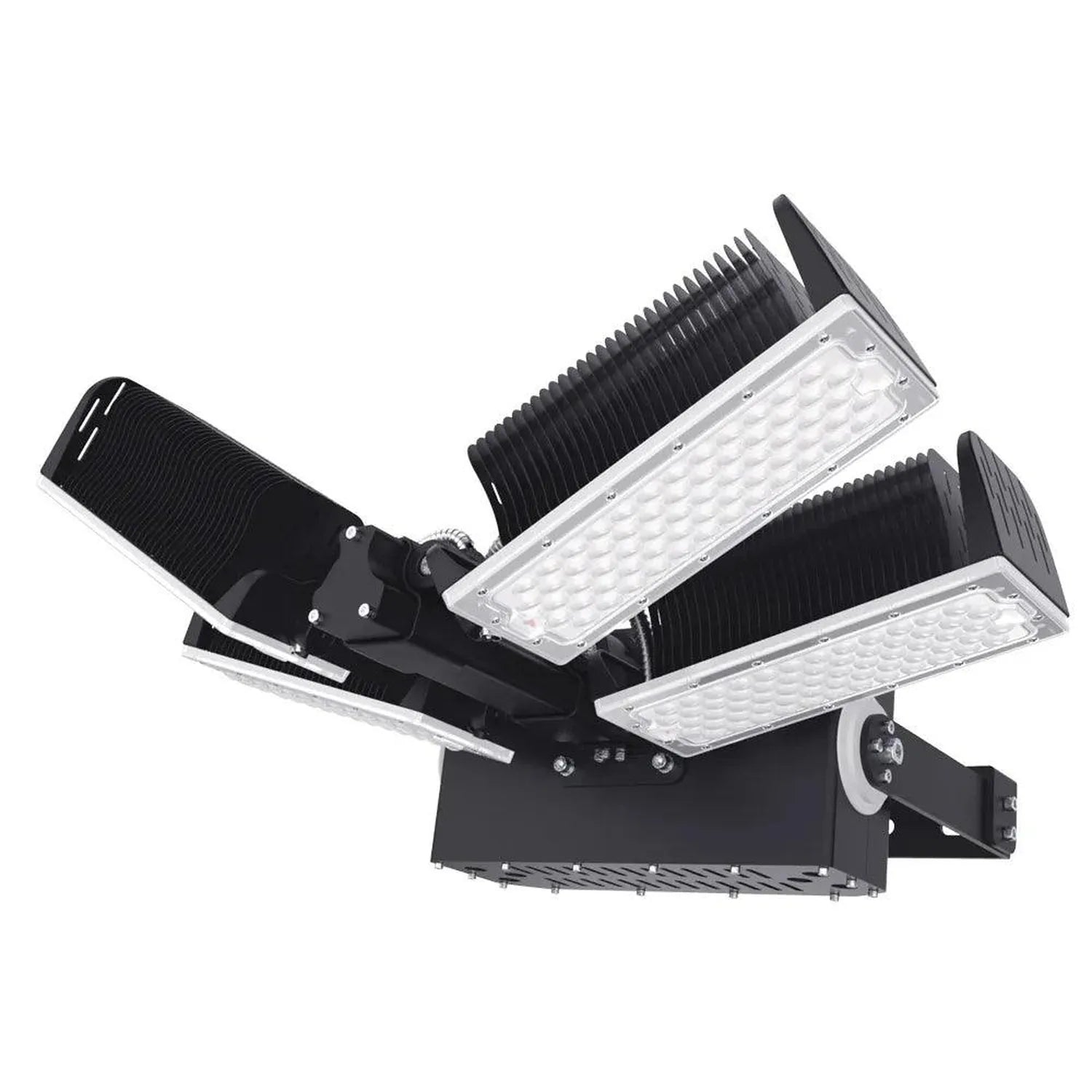 High-powered LED flood light with three adjustable panel heads and ribbed heat sinks, mounted on black base bracket, product 
