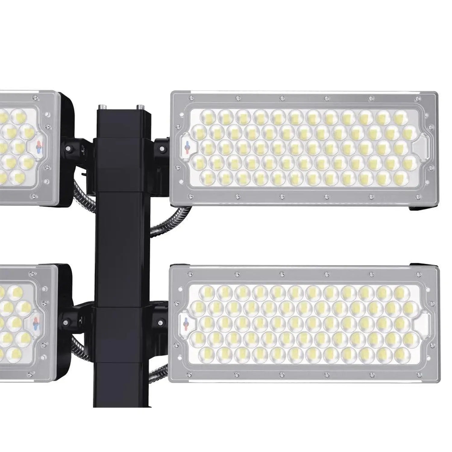 LED flood light fixture mounted on black pole showing four rectangular light panels with multiple LED elements arranged in gr