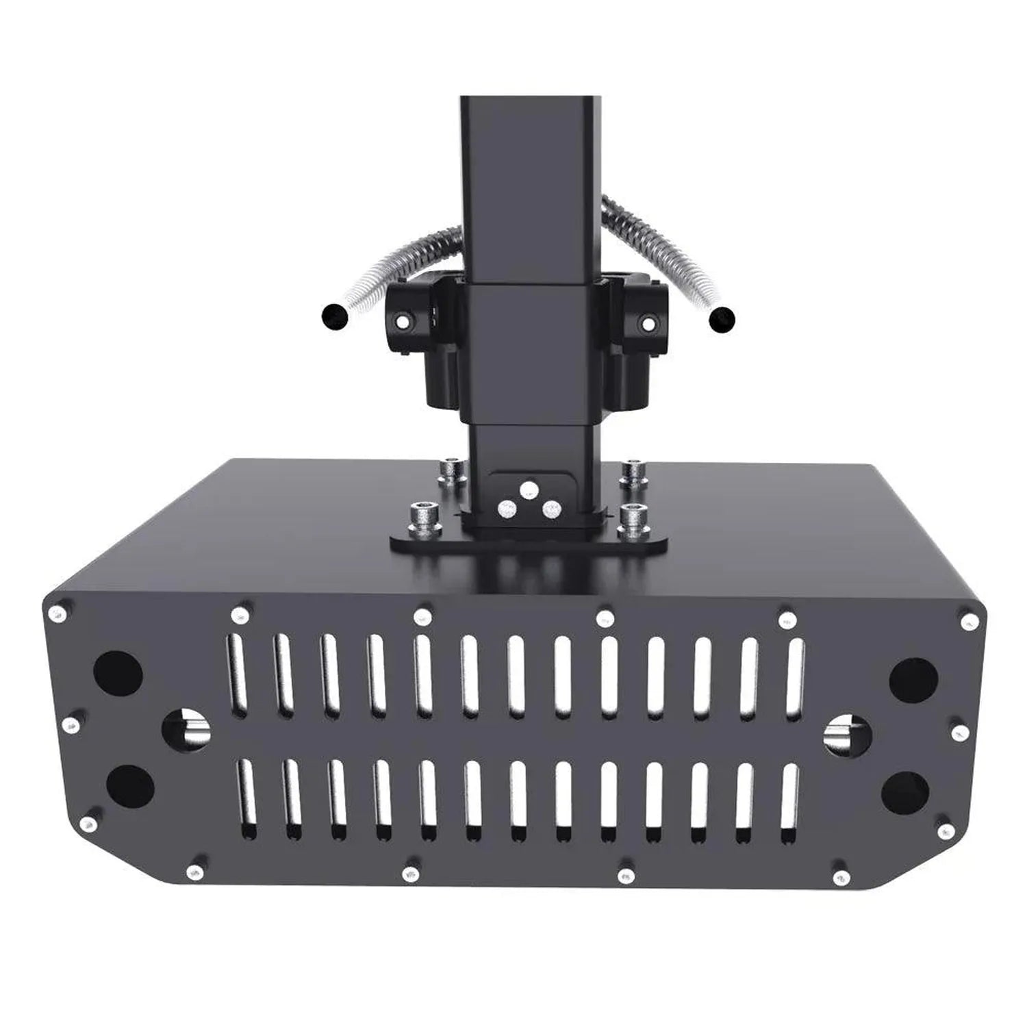 Top view of 480W LED flood light fixture with mounting bracket, flexible conduit arms, and ventilated base plate.