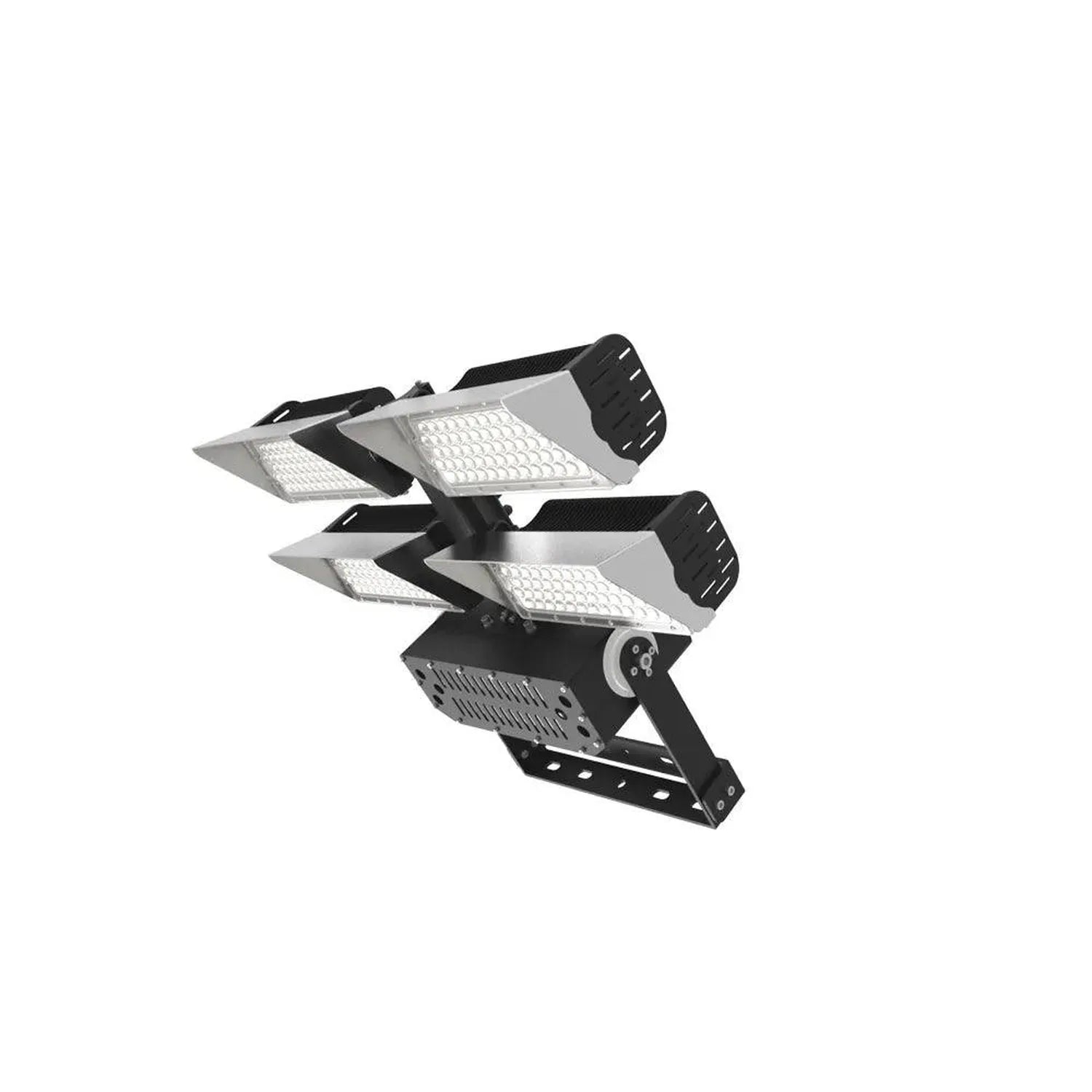 Adjustable dual-head LED flood light with gray aluminum housing and black mounting bracket, shown against white background.