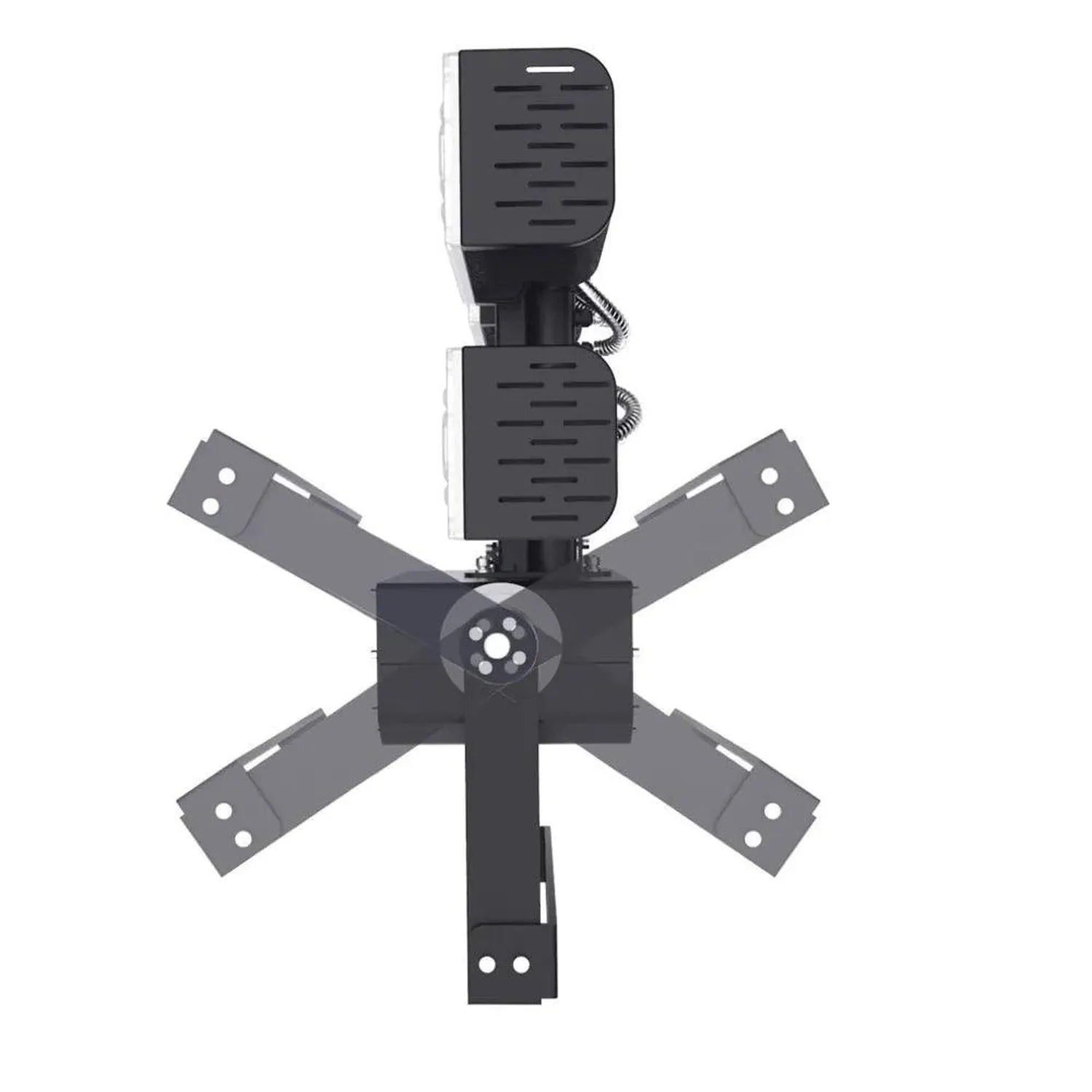 Professional LED flood light with dual adjustable heads mounted on cross-arm rig, top view product shot.