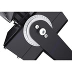 Top-down view of black LED flood light with circular degree dial and three white adjustment knobs.
