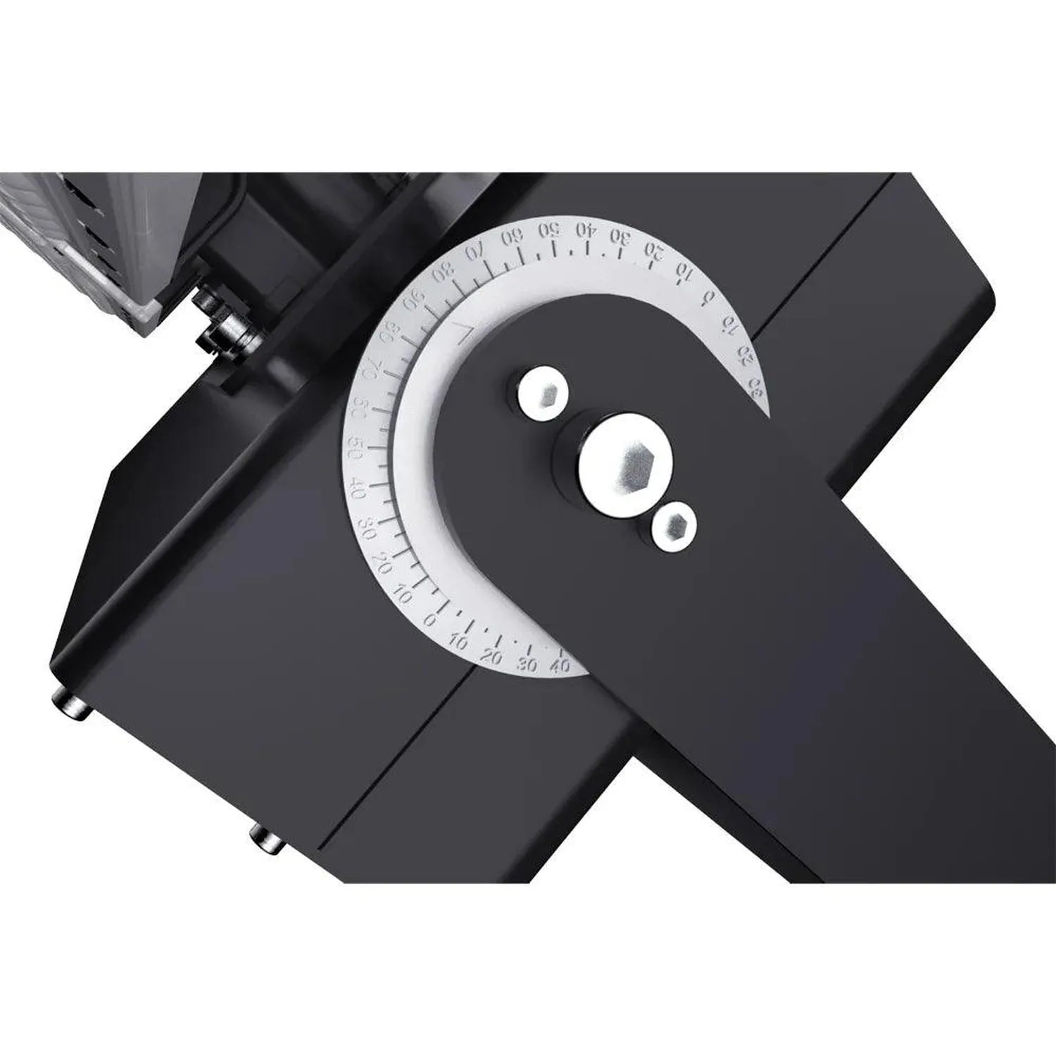Top-down view of black LED flood light with circular degree dial and three white adjustment knobs.
