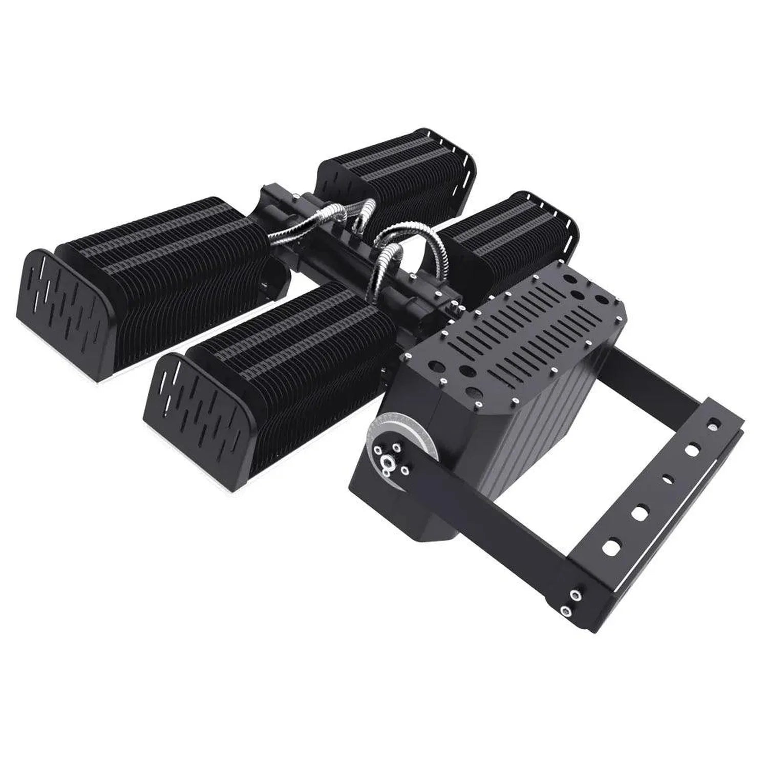 Black modular LED flood light assembly with three cylindrical light heads and central control unit, isolated product shot.