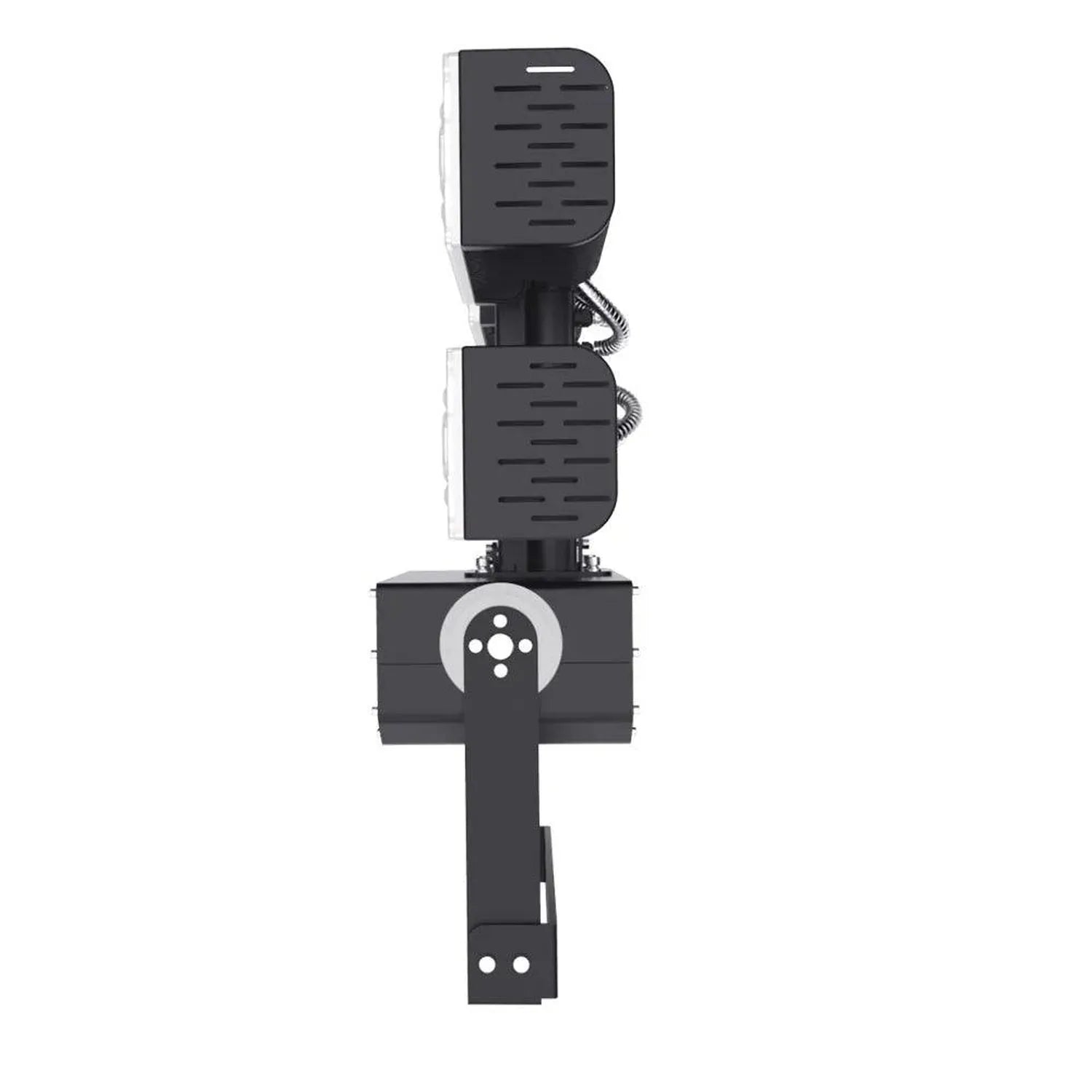 Dual-head LED flood light with pivoting arms mounted on vertical pole bracket, front view product photo.