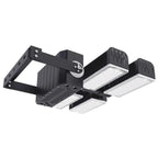 Black adjustable LED flood light fixture with four rectangular white light panels mounted on articulating arms, shown at an a