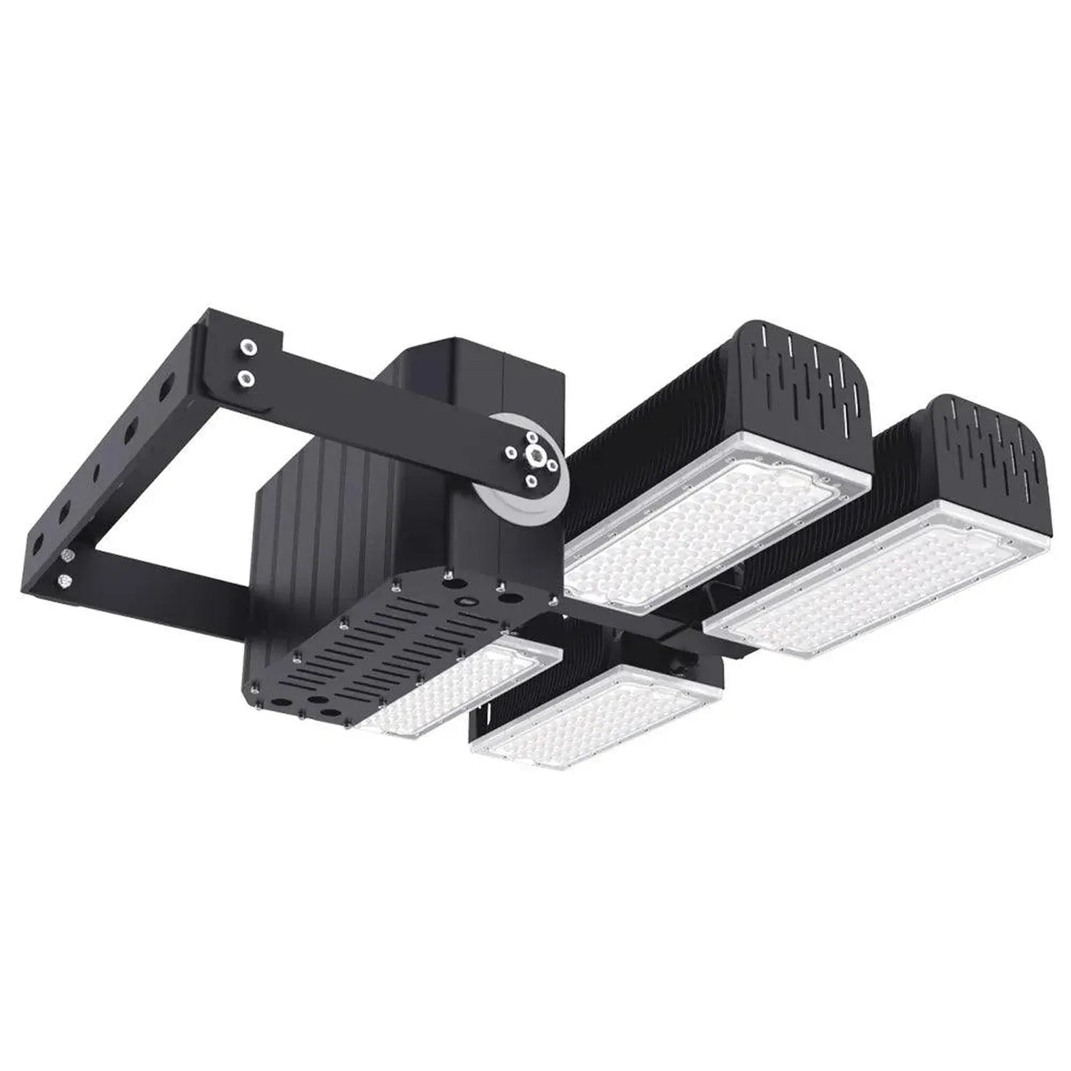 Black adjustable LED flood light fixture with four rectangular white light panels mounted on articulating arms, shown at an a