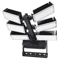 Multi-head LED flood light fixture with six adjustable panels mounted on black central bracket, product shot on white backgro