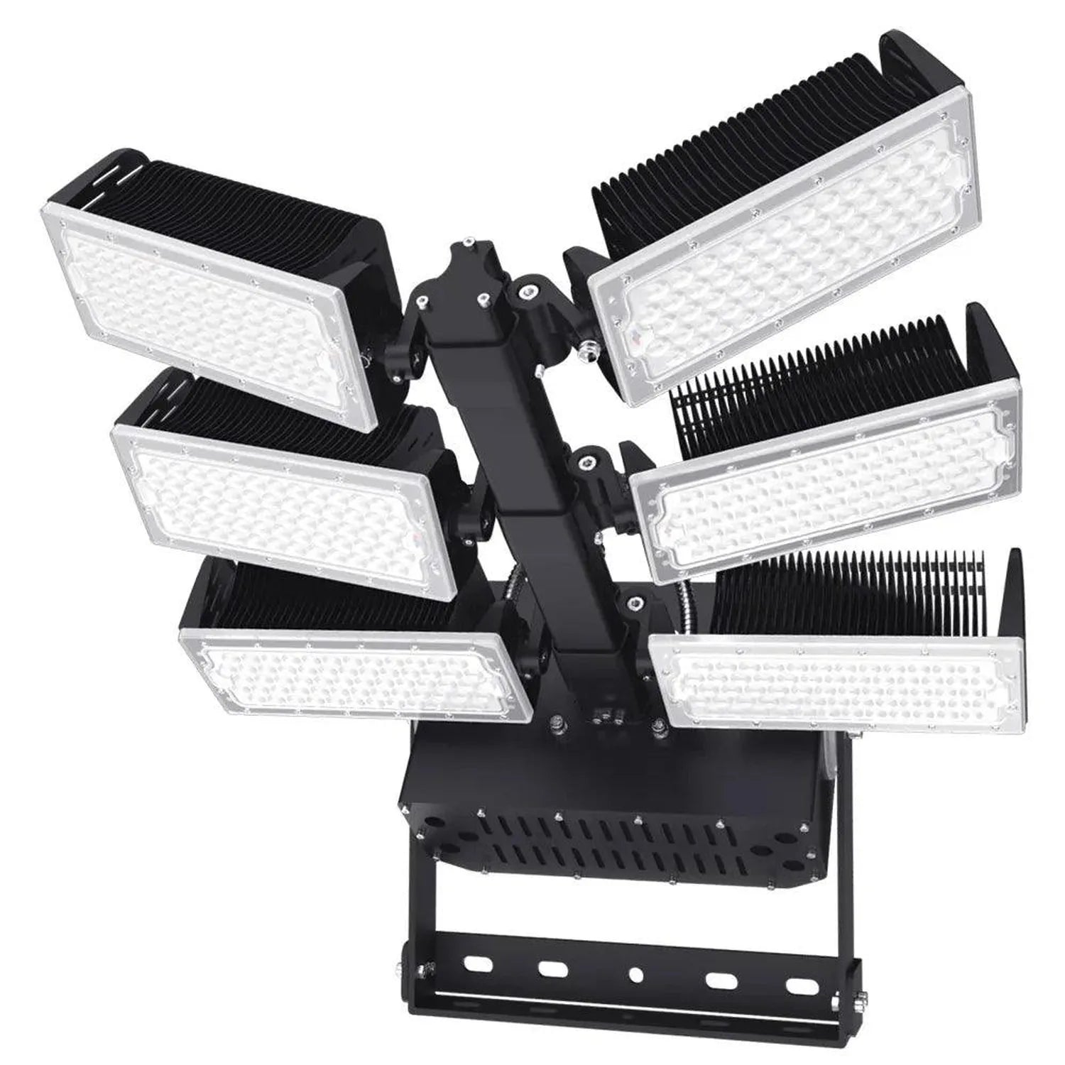 Multi-head LED flood light fixture with six adjustable panels mounted on black central bracket, product shot on white backgro