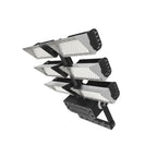 Three-tier 720W LED flood light with adjustable silver reflectors and black mounting bracket, product shot on white backgroun