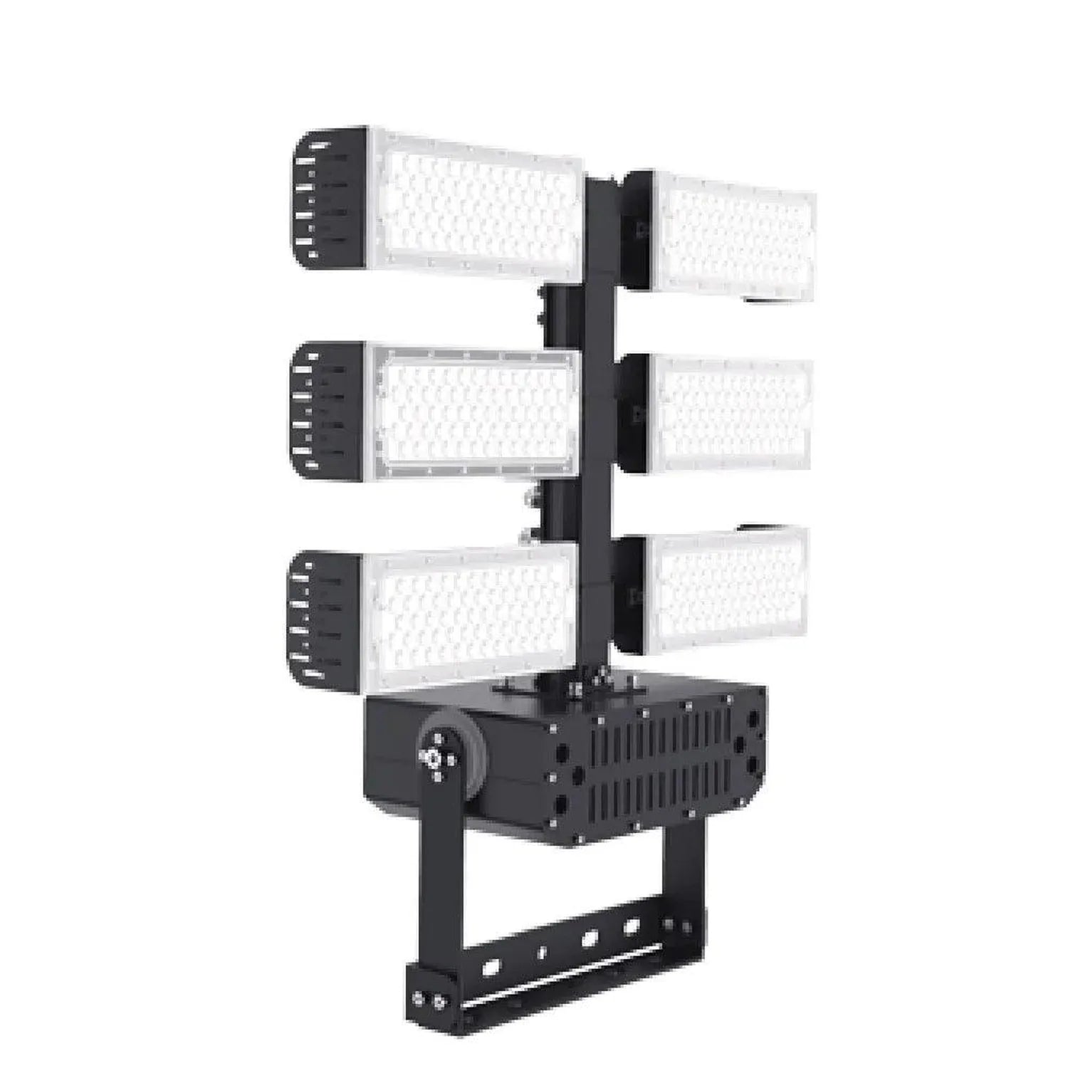 Three-tier adjustable LED flood light fixture mounted on black stand with white light panels and dark control units.