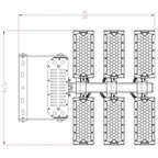 Technical dimension diagram showing top view of 720W LED flood light assembly with six rectangular light fixtures arranged ar