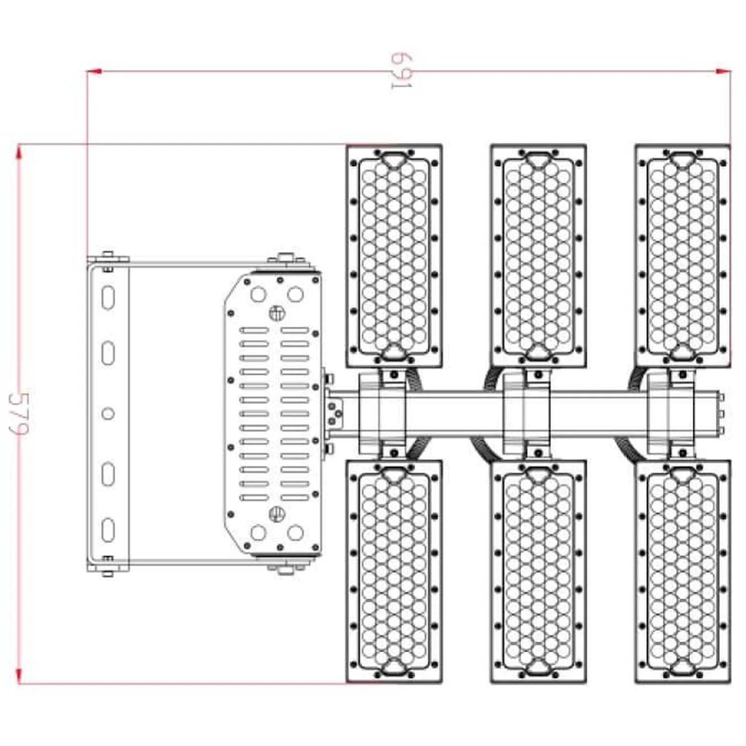 Technical dimension diagram showing top view of 720W LED flood light assembly with six rectangular light fixtures arranged ar