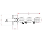 Dimension diagram of LED flood light fixture with mounting bracket and three light heads, measurements indicated in red.