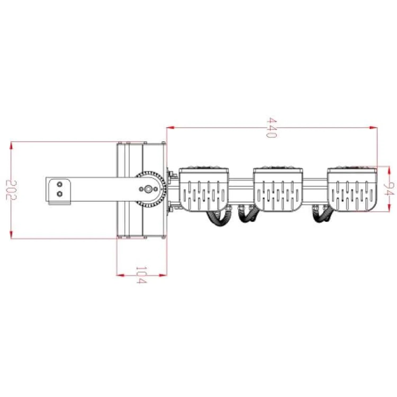 Dimension diagram of LED flood light fixture with mounting bracket and three light heads, measurements indicated in red.