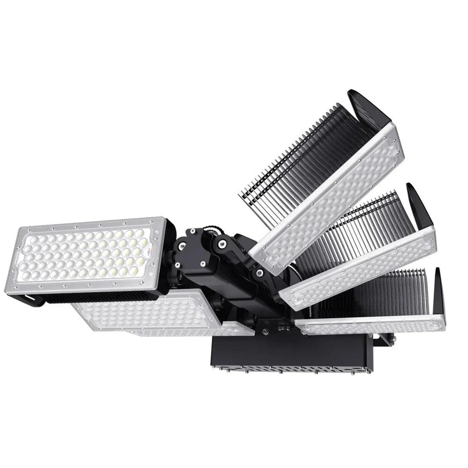 Four-head adjustable LED flood light with white lamp heads and black mounting bracket against white background.