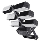 Modular LED flood light fixture with adjustable heads mounted on articulating arm, showing multiple lighting configurations.